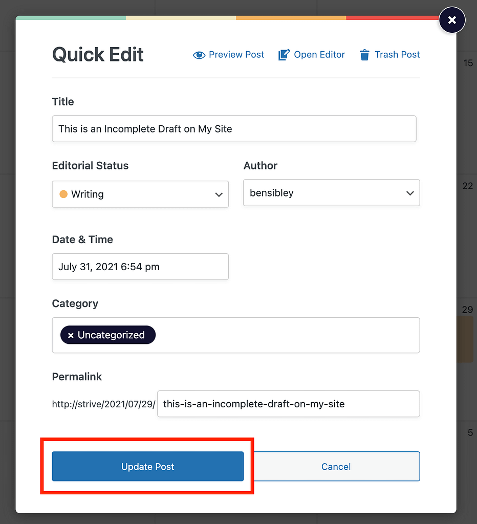 Save button in Quick Edit menu