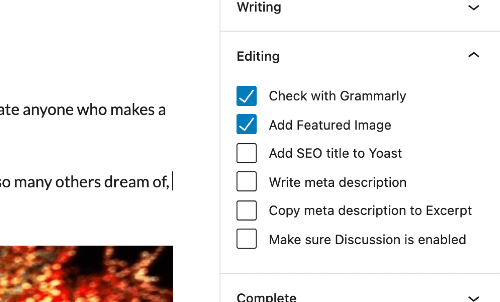 Post checklist in the editor sidebar