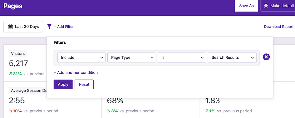Filter by search results pages