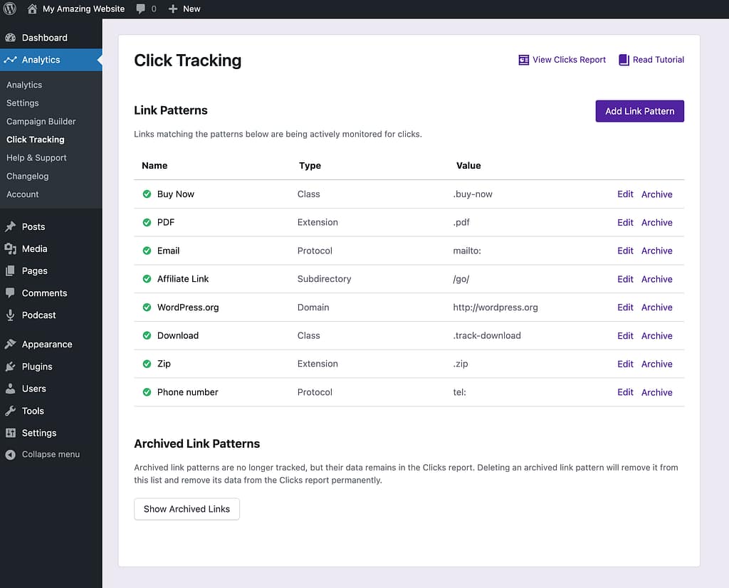 Click Tracking menu