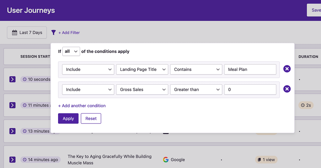Filtering User Journeys by landing page and gross sales