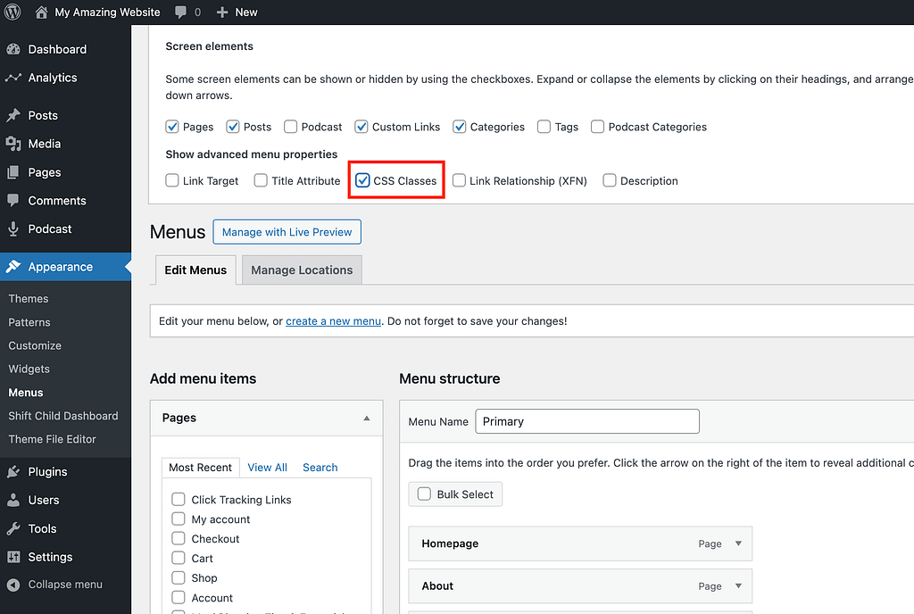 Enable menu classes