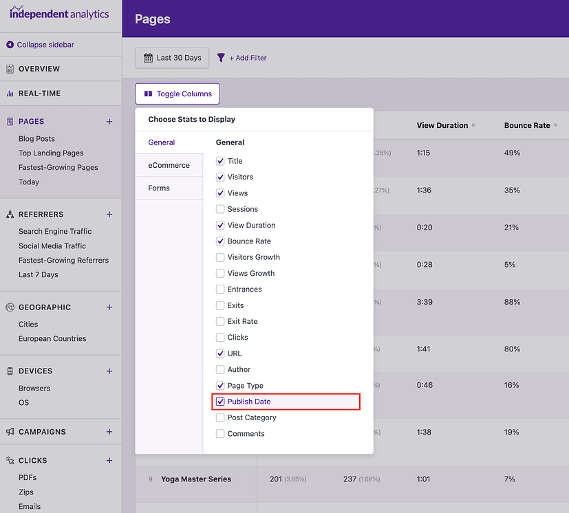 Enabling the Publish Date column