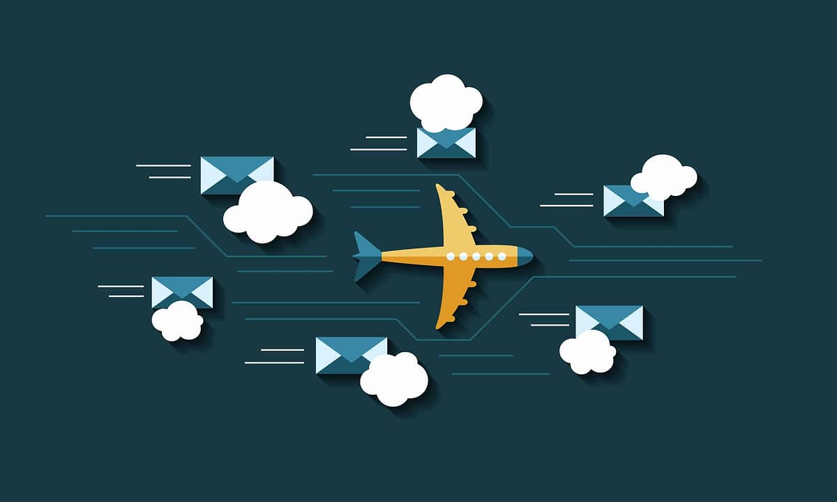 plane and emails flying through the air