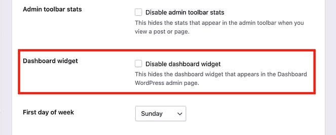 Disable dashboard widget