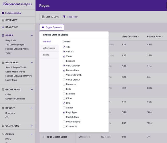 Toggling the visibility of data columns