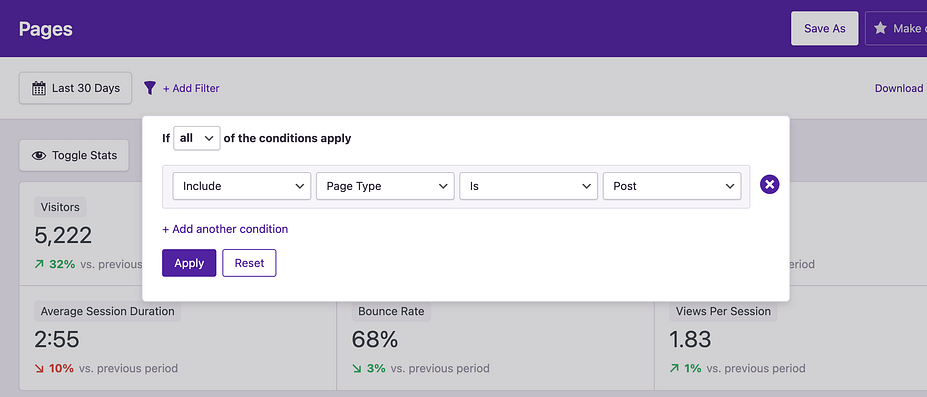 Page type filter selected