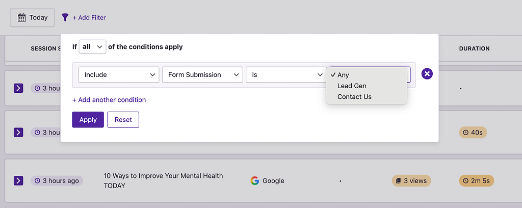 User Journeys form filter