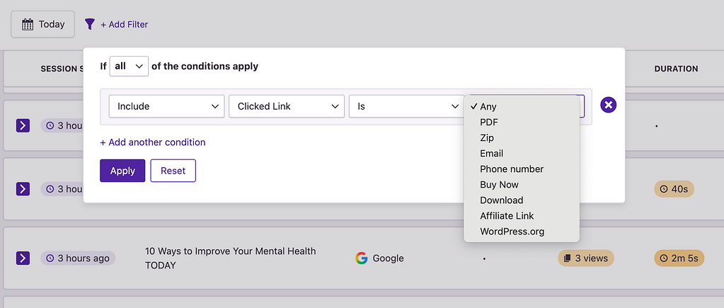 User Journeys Clicked Link filter