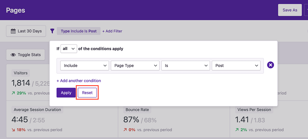 Reset filters button