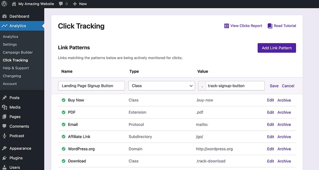 New link tracked by class