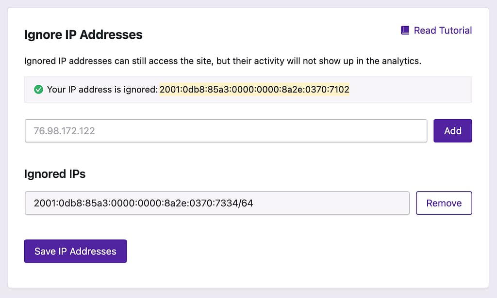 Example of an ignored IP address using CIDR notation