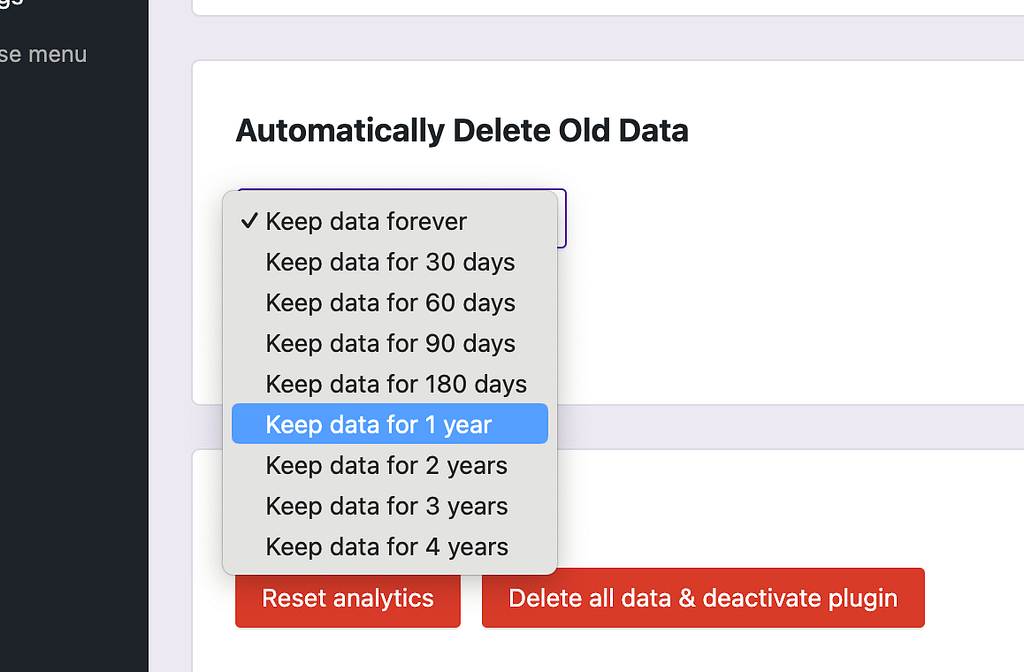 Automatic data deletion time period