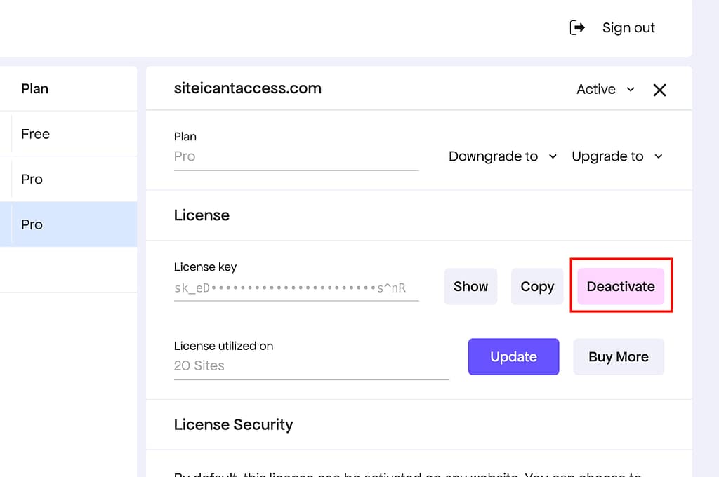 Remove license from site