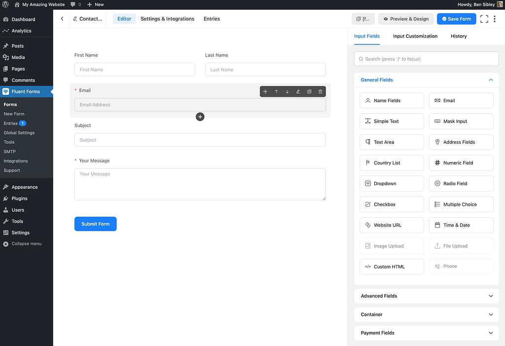 Editing a form with Fluent Forms