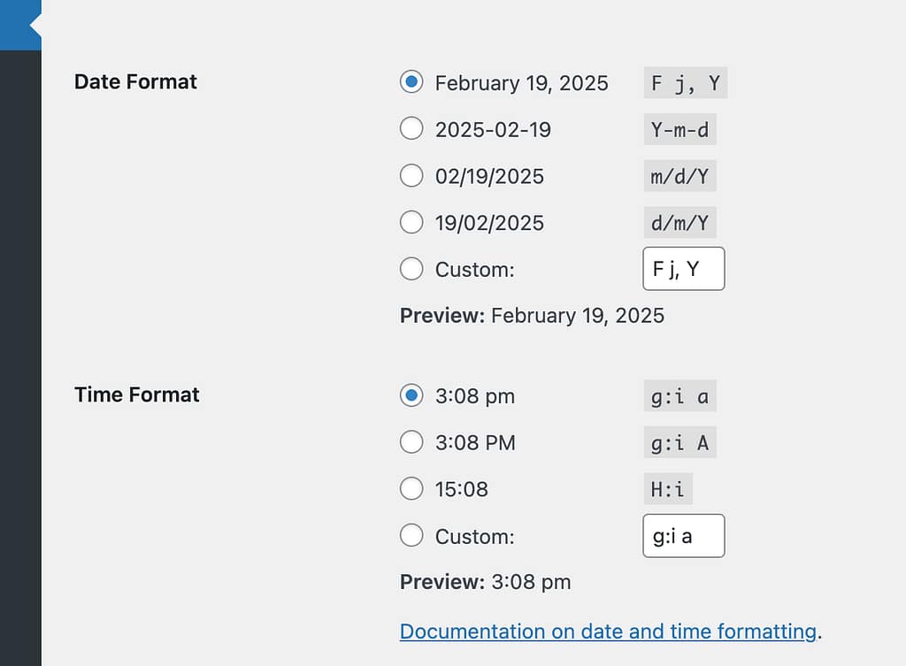Date and time format settings