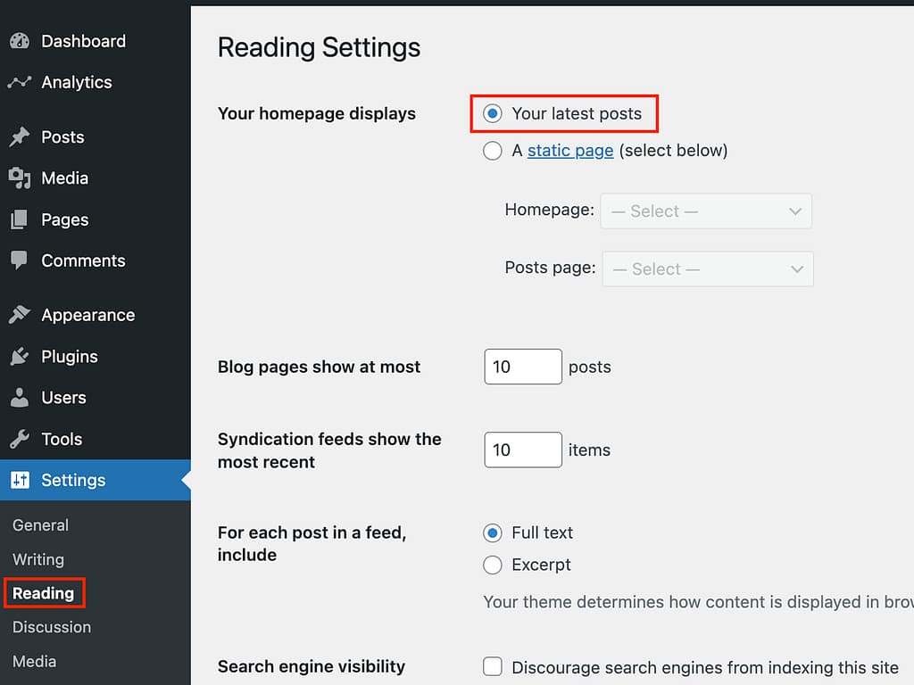 Blog set to homepage