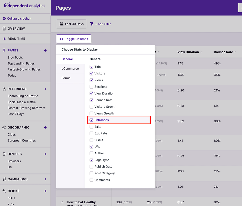 Enabling the Entrances column