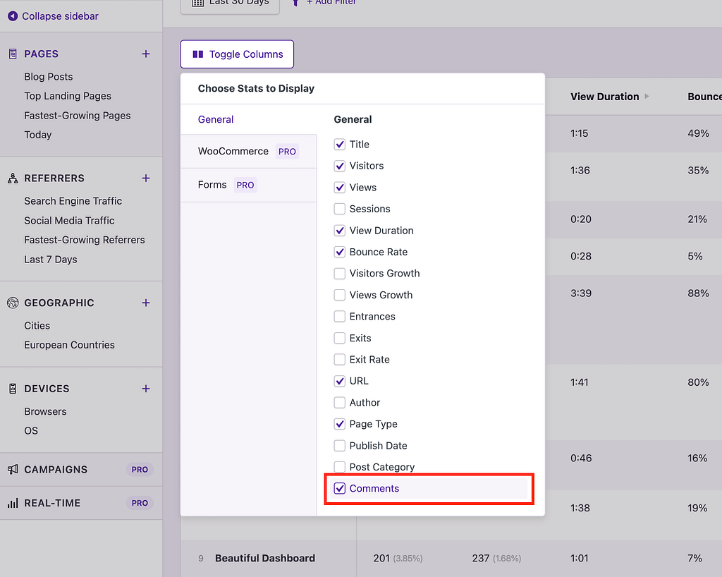 Enable comments column