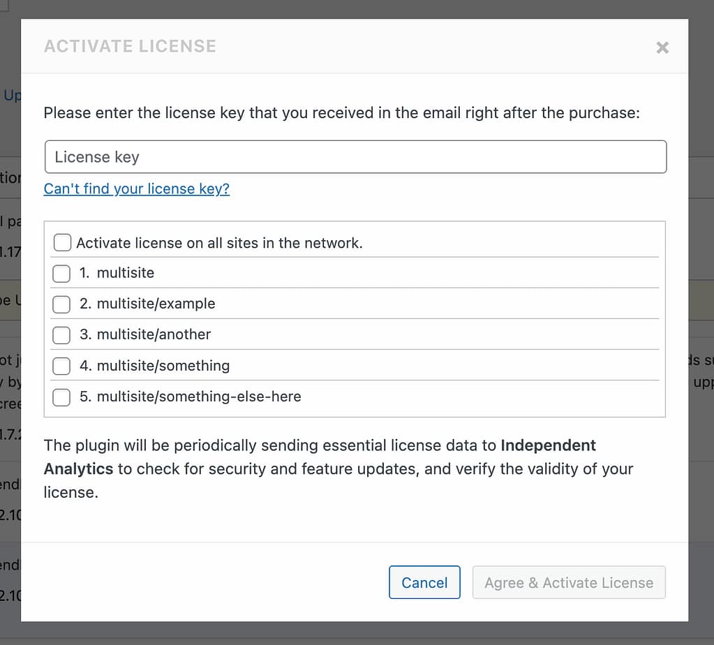 Activate license choose subsites