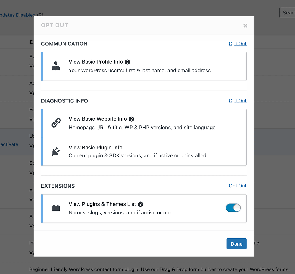 Freemius Opt Out screen