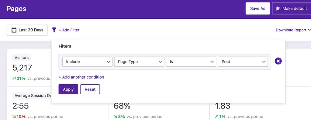 Page type filter selected