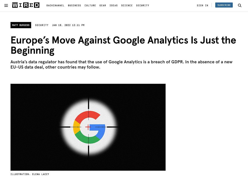 Screenshot of Wired article about Google Analytics and data privacy