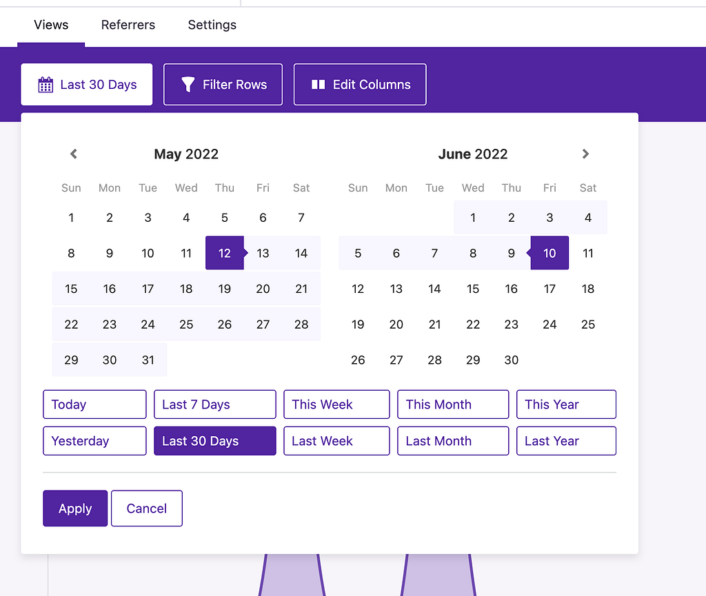 New date range buttons in the calendar