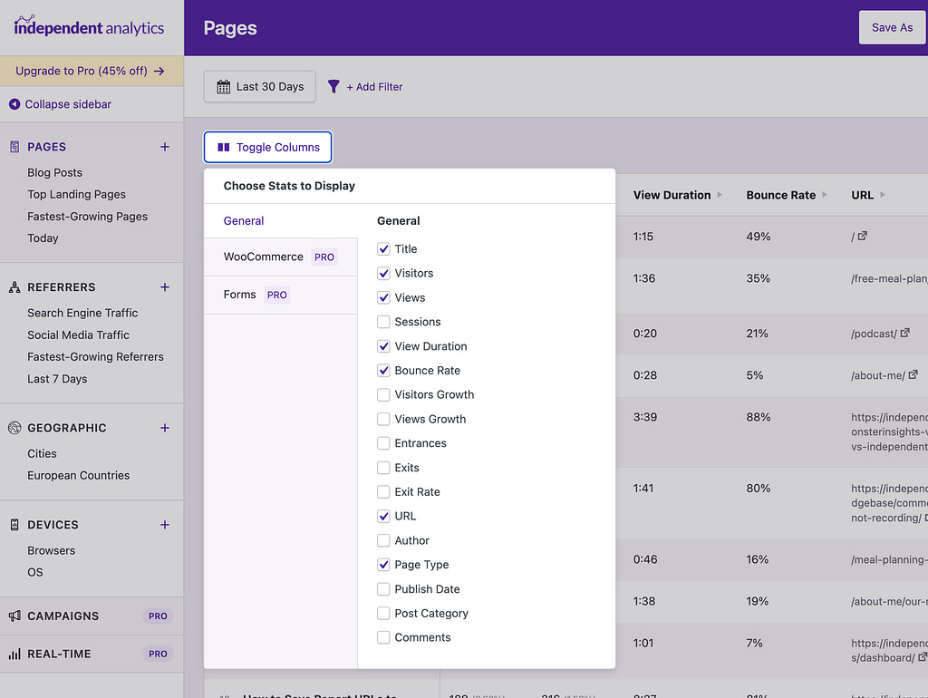 Toggling the visibility of data columns