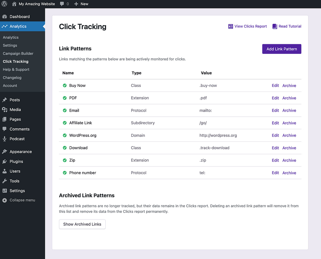 Click Tracking menu