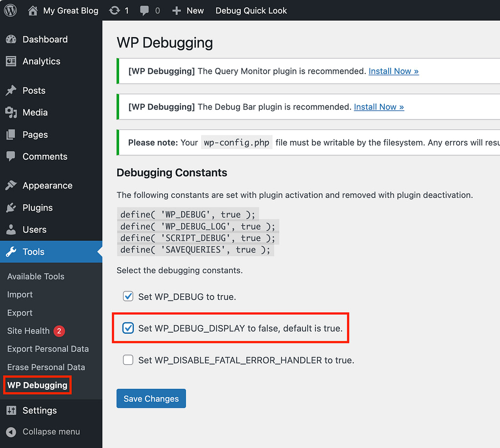 WP Debugging disable display