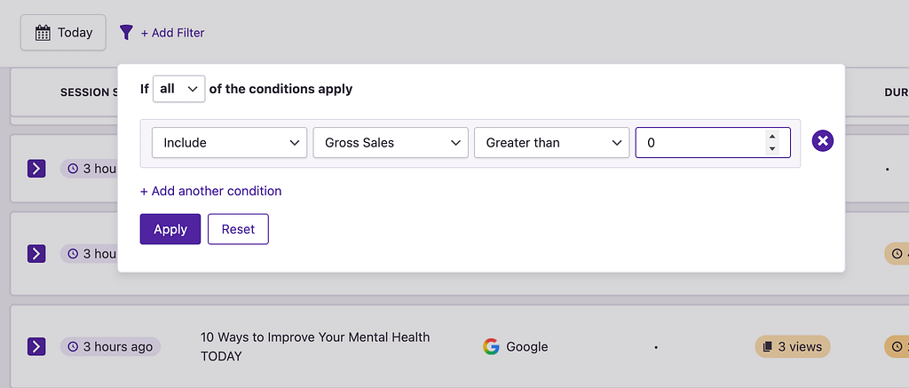 User Journeys Gross Sales filter