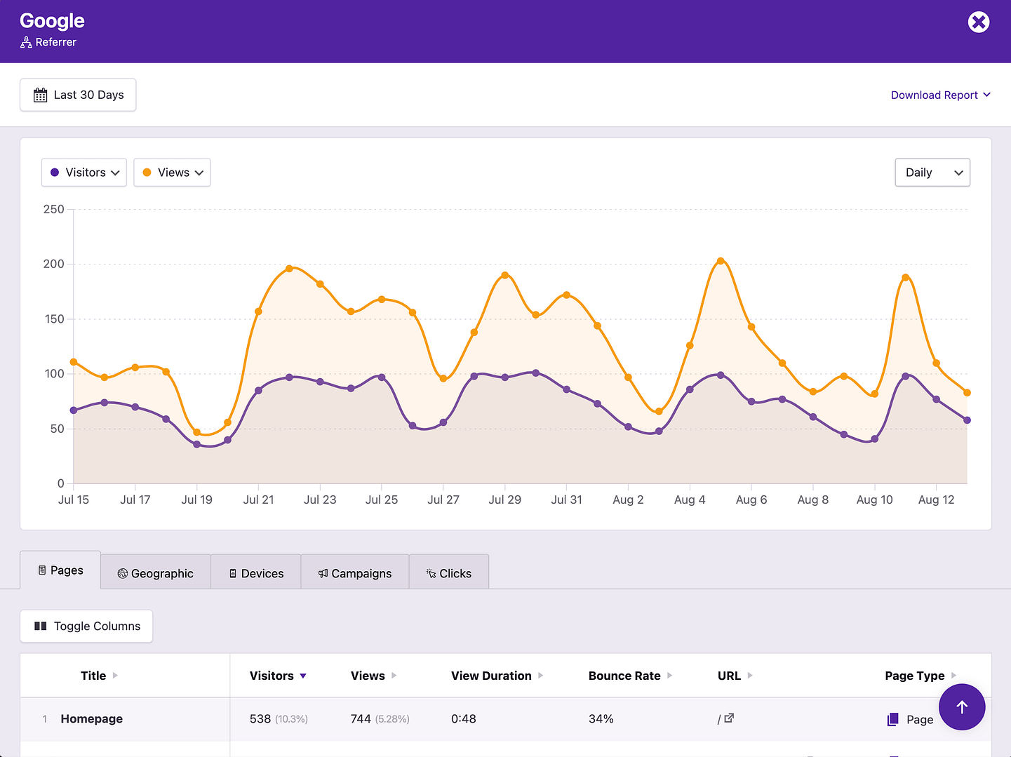 Solo Report showing stats for Google