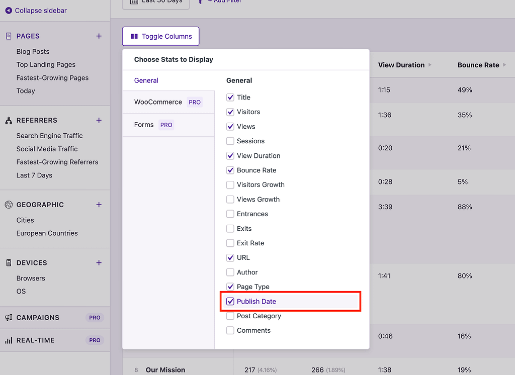 Enabling the Publish Date column
