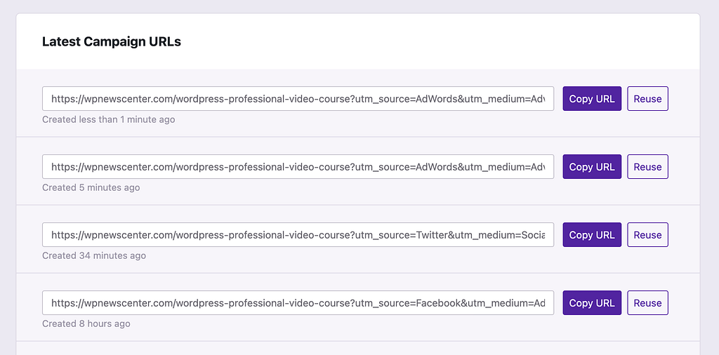 List of previously created campaign URLs