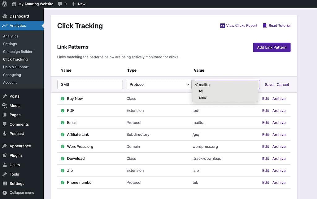 SMS protocol link pattern