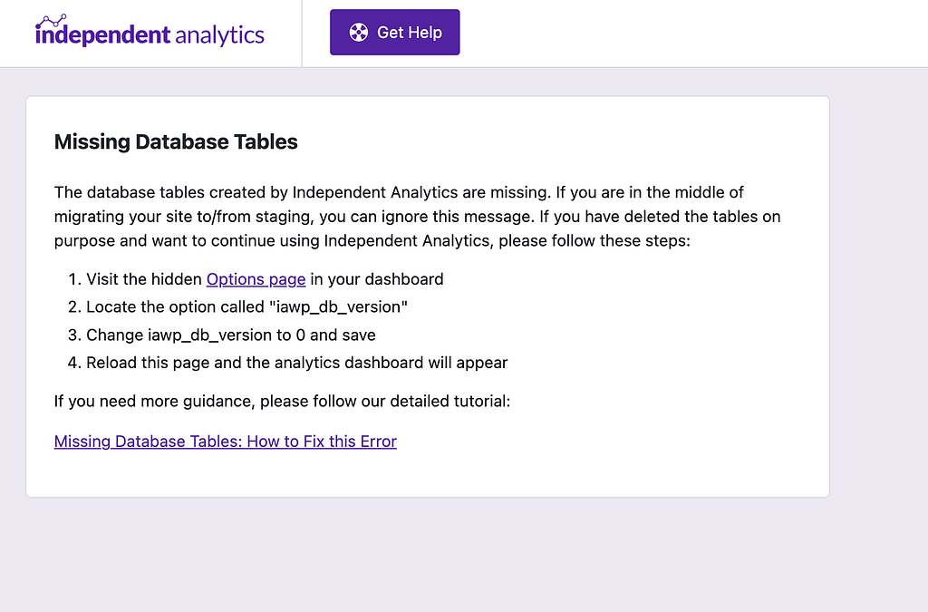 Missing db tables error