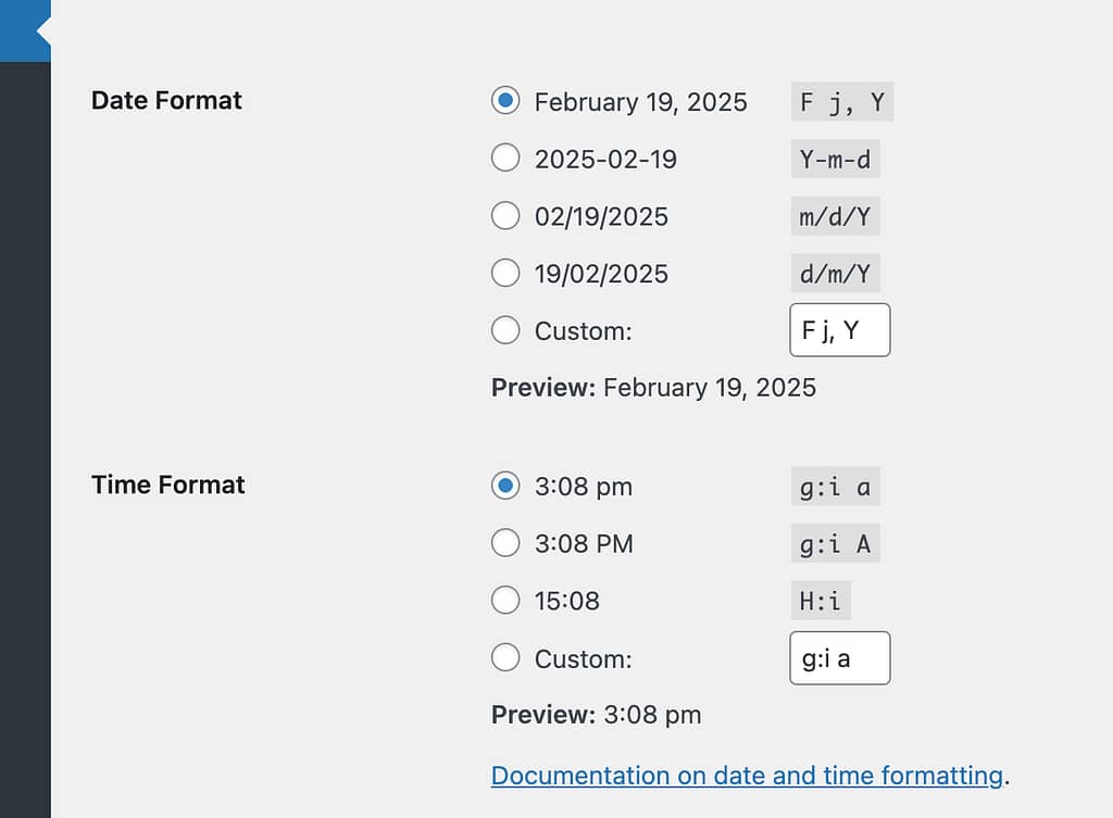 Date and time format settings