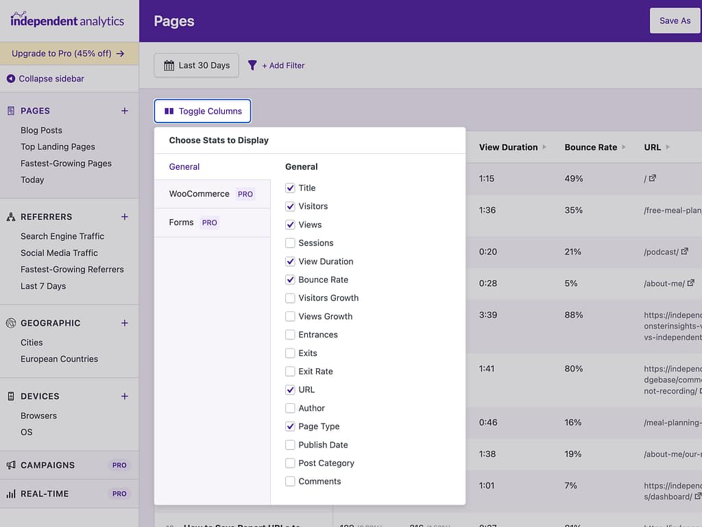 Toggling the visibility of data columns