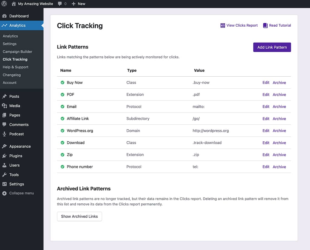 Click Tracking menu