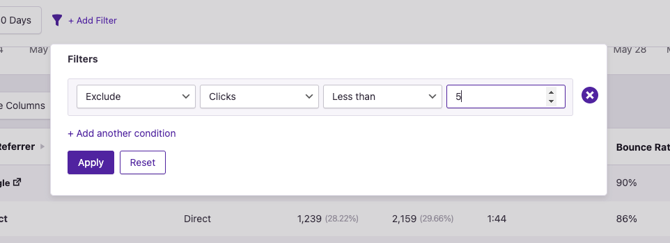 Exclude less than five clicks