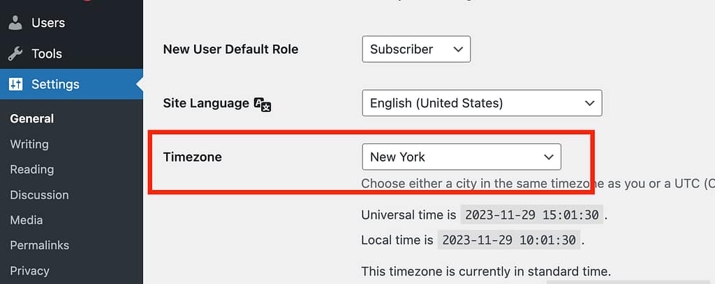 Timezone setting