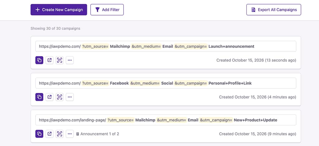 List of previously created campaign URLs
