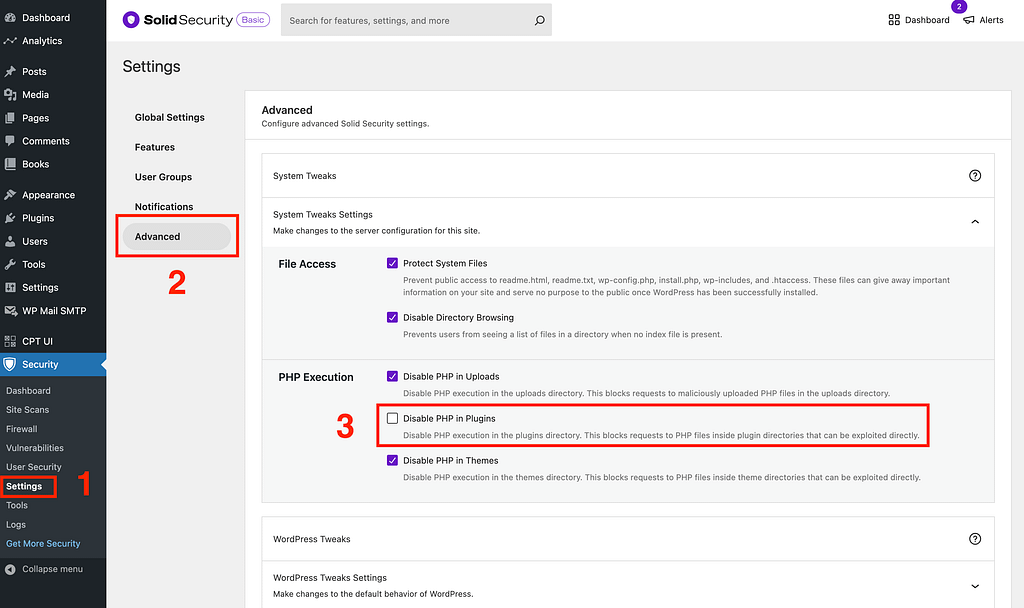 Solid Security PHP execution setting