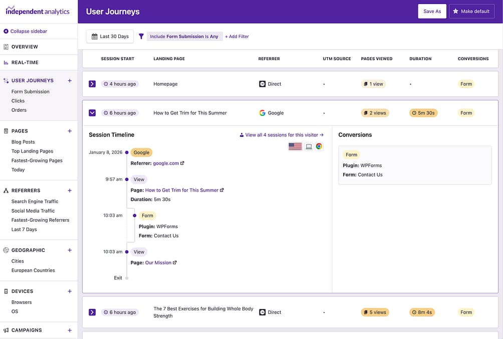 User Journeys timeline