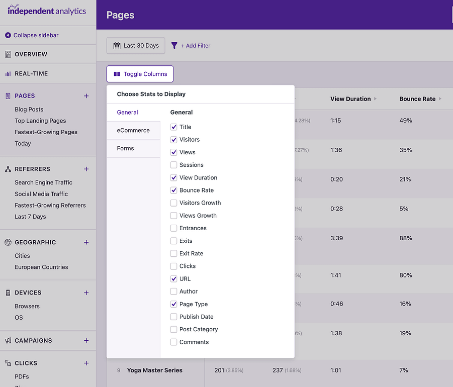 Toggling the visibility of data columns