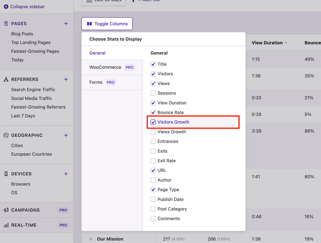 Enable visitors growth column