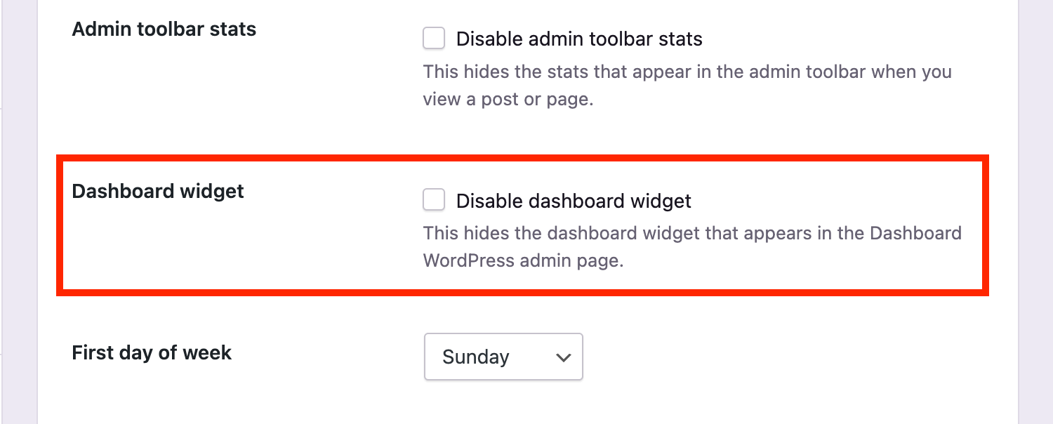 Disable dashboard widget