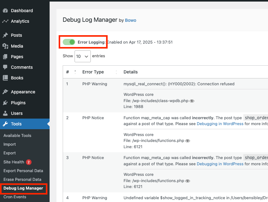 Enable error logging