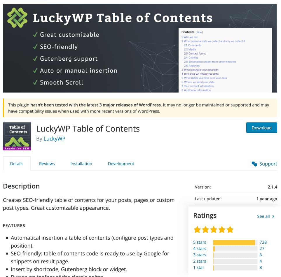 LuckyWP Table of Contents